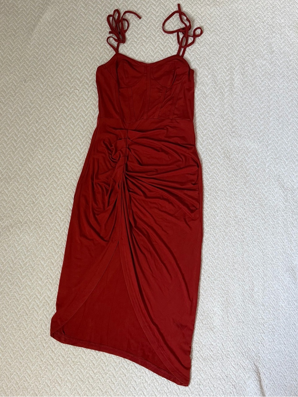 SHEIN Red Ruched Midi Dress with Tie Straps
